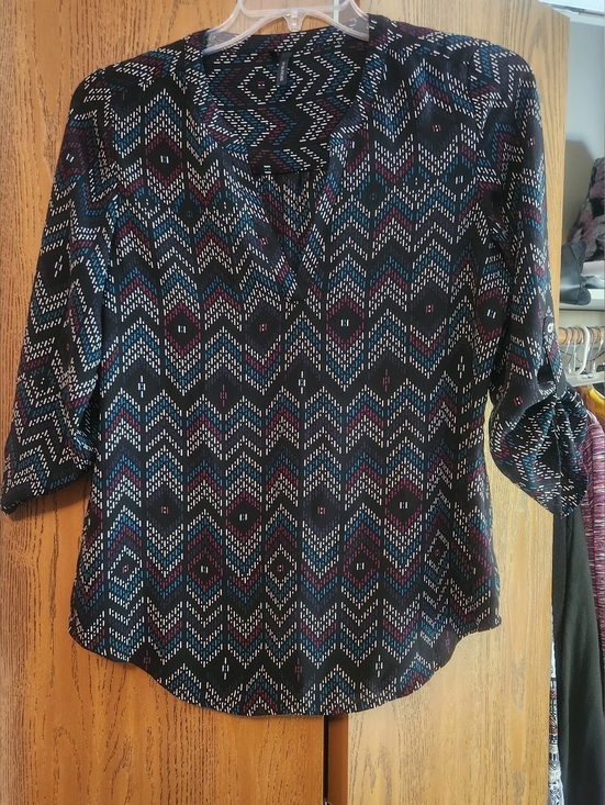 Maurices Black Geometric V-Neck Blouse with Teal & Plum Accents - Picture 3 of 9